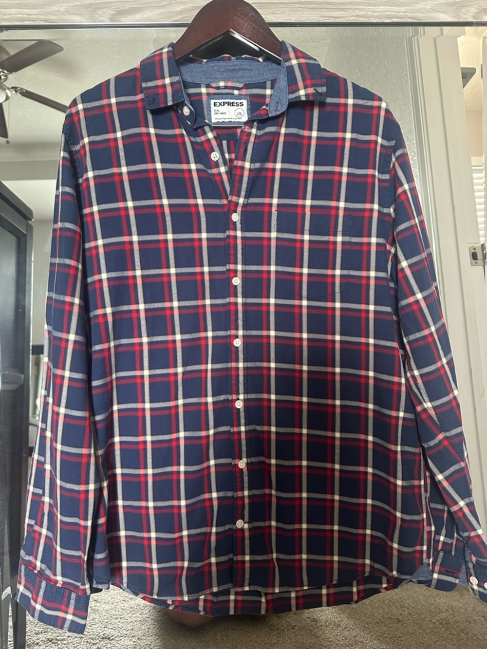 Express Men's Navy and Red Plaid Button-Down Shirt
